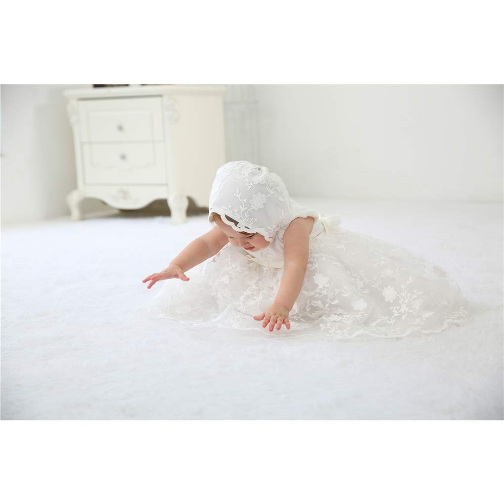 Baby Girls Floral Embroidered Overlay Sleeveless Christening Gown Baptism Tulle Dress With Bonnet Ivory Size 24M / 18-30Months