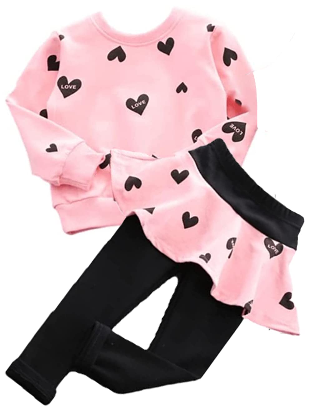 Bomdeals Toddler Girl Valentines Day Outfit - Kids Adorable Allover Heart Long Sweatshirt Skirt Pants Clothes Set 3T 4T 5T(Age(3
