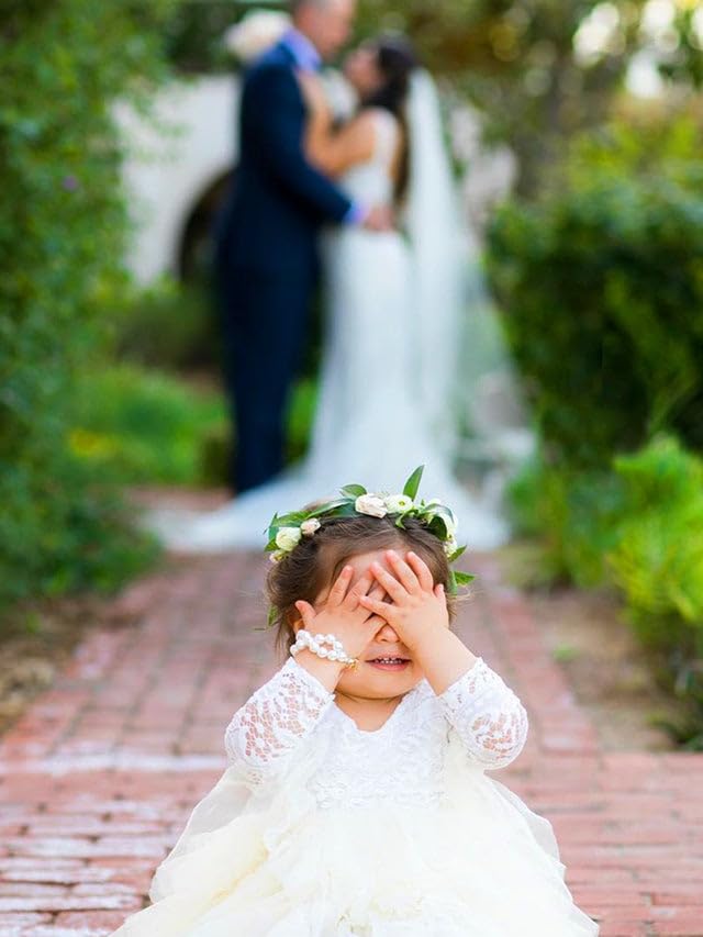 2Bunnies Girl Peony Lace Back A-Line Tiered Tutu Tulle Flower Girl Dress (Ivory 3/4 Sleeve Short, 9-10Yrs)