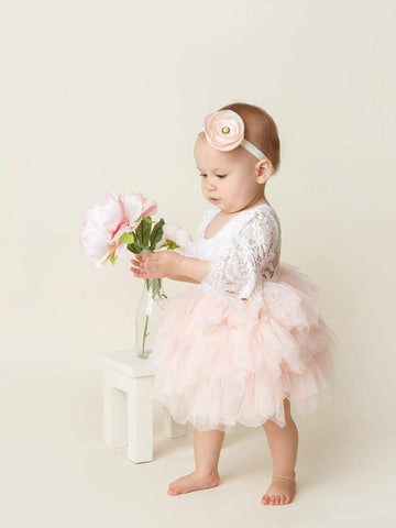 2Bunnies Girl Peony Lace Back A-Line Tiered Tutu Tulle Flower Girl Dress (Pink Bell Sleeve, 3T)
