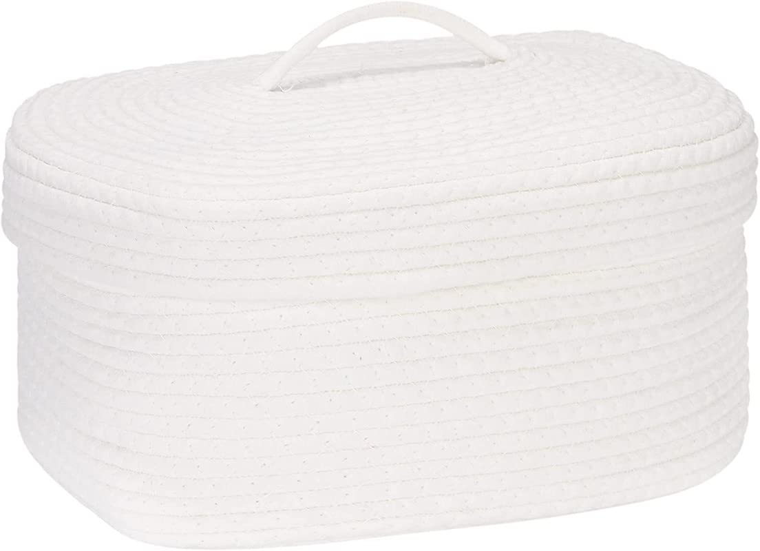GRATIFY Cotton Rope Storage Basket with Lid, Oval, Medium, White, 15 x 11 x 6.5 Inches, 13.8L, Durable, Nursery Storage Containe