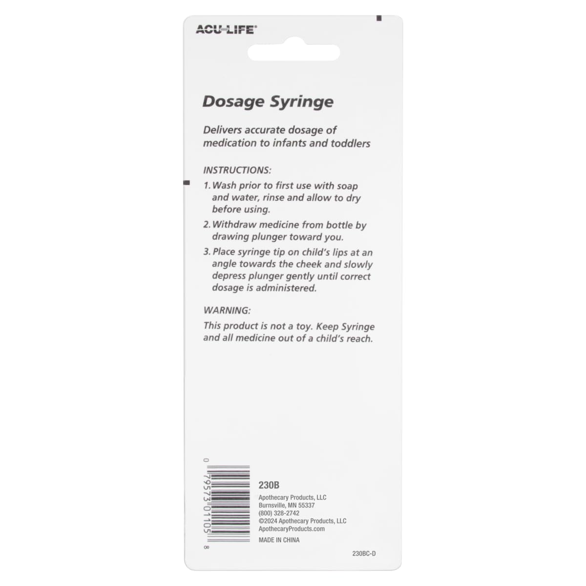 Acu-Life Kids & Baby Oral Dosage Syringe & Dispenser, Transparent, Easy To Use And Reusable, 2 Tsp (10 Ml) Capacity, Bpa Free