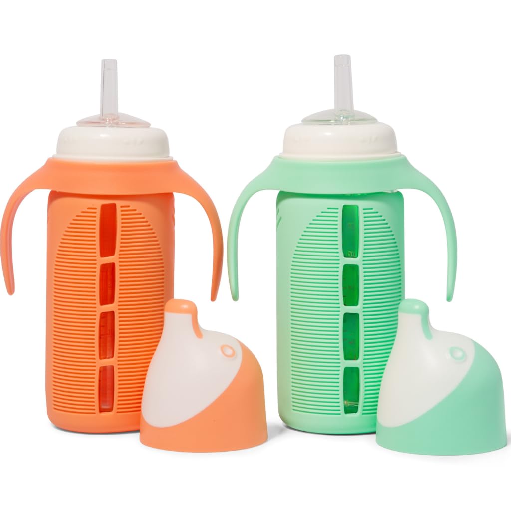 Tabor Place Set of 2 - Glass Sippy Cup for Toddlers - The Luca | Spill-Proof | Silicone Straw | Mint Green & Orange | 8 oz | Liq