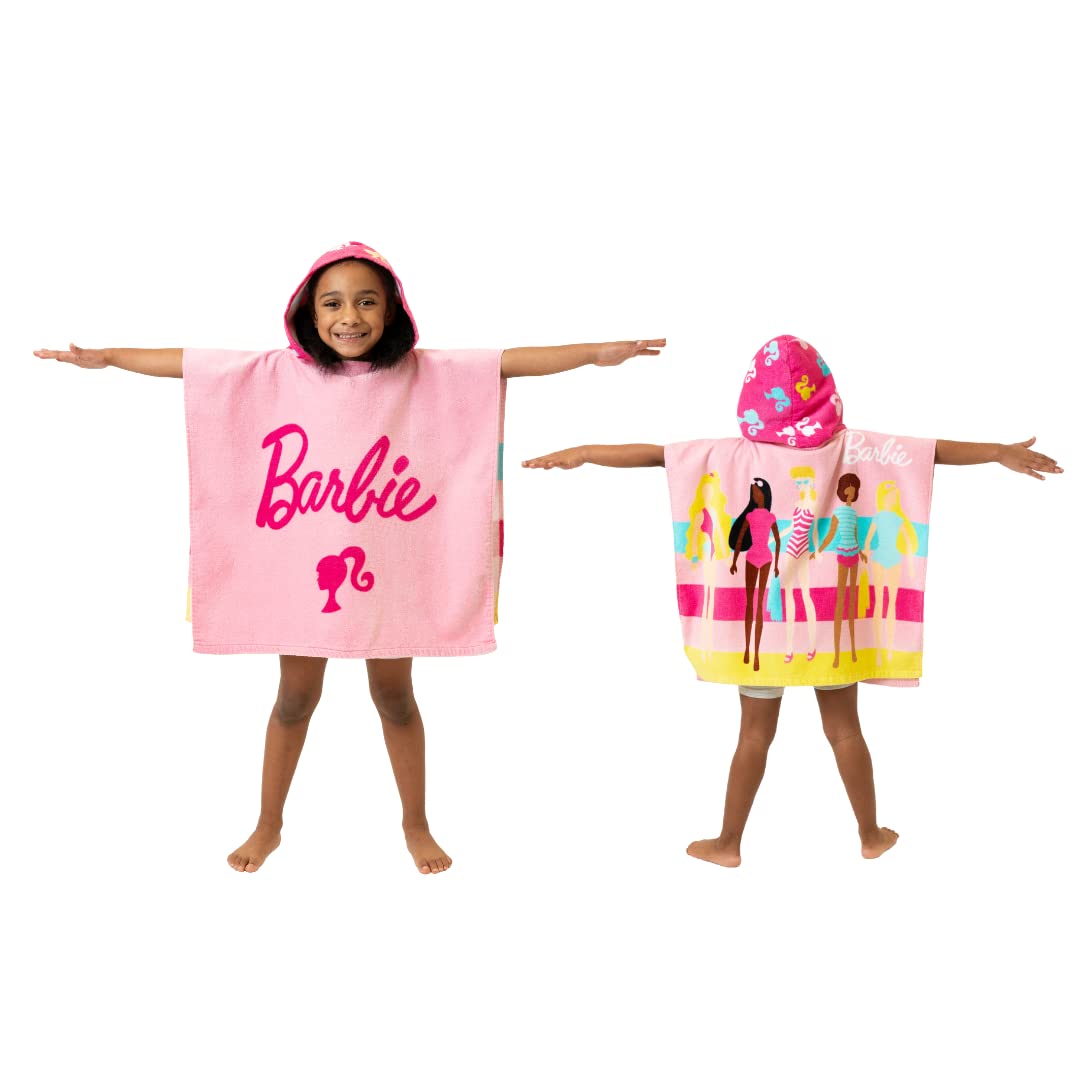 Franco Barbie Kids Beach/Pool/Bath/Camping Hooded Towel Poncho 24' X 22', Absorbent Cotton Cover Up, (100% Official Licensed B