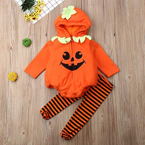 Oneflow Infant Toddler Baby Girls Boys Halloween Pumpkin Costumes Cute Hooded Romper Top Leggings Pants Outfit Clothes Set (12-1
