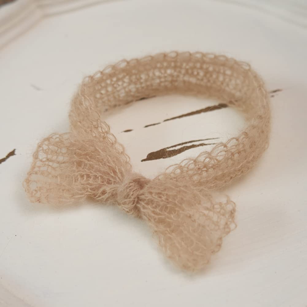 Zeroest Baby Photography Props Bow Headband Newborn Boy Girl Photo Shoot Outfits Infant Crochet Knitted Mohair Headdress (Beige)