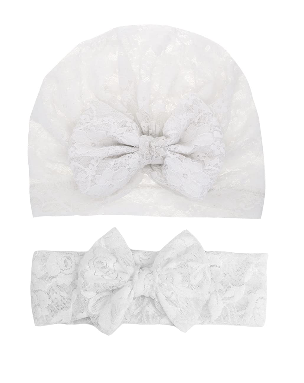Lace Bow Headband Turban For Baby Girls Lace Beanie Cap Baby Lace Bowknot Hat Jbc18 (2 Pcs-White)