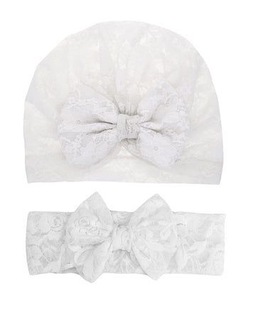 Lace Bow Headband Turban For Baby Girls Lace Beanie Cap Baby Lace Bowknot Hat Jbc18 (2 Pcs-White)