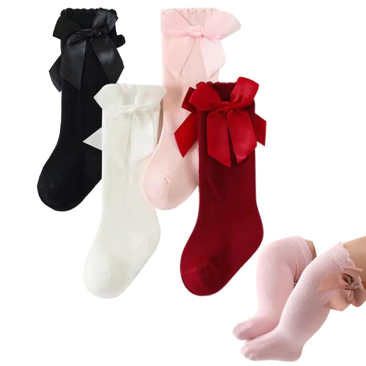 Heartbury Cute And Colorful Pure Cotton Knee High Socks With Bow Princess Socks For Baby Girls (Pack Of 4Pairs) (In, Age, 3 Mont