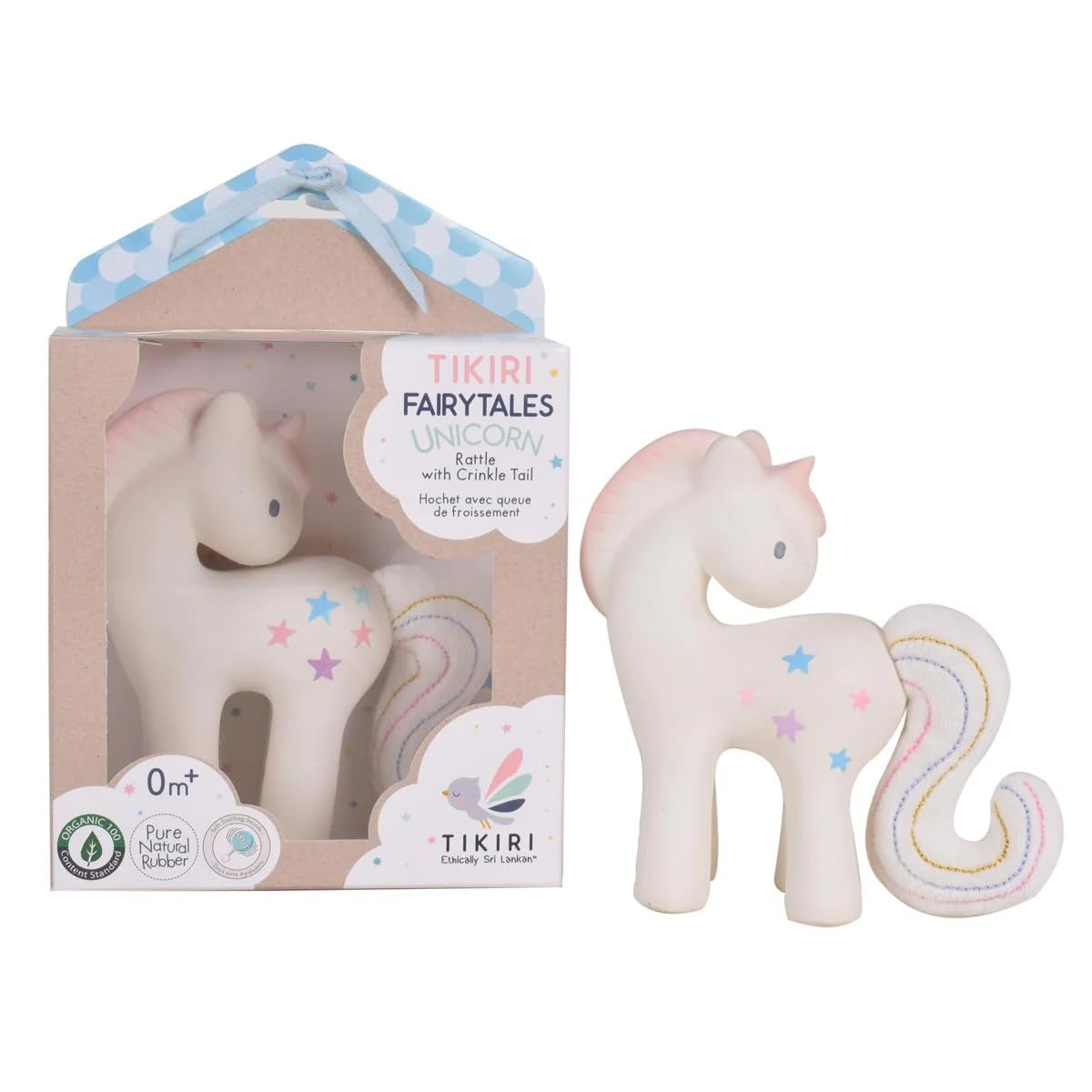 Tikiri Fairytales Cotton Candy Unicorn Natural Rubber Rattle with Crinkle Tail (White)