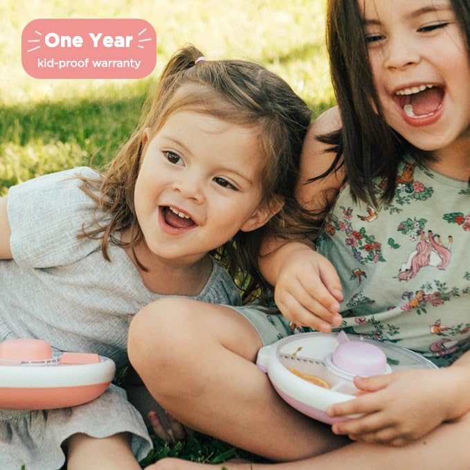 Gobe Kids Small Snack Spinner Slide Bundle With Hand Strap And Sticker Sheet - Reusable Snack Container With 5 Compartment Dispe