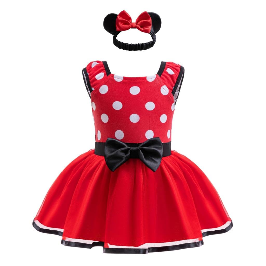 Dressy Daisy Infant Baby Girls Polka Dots Romper Costume Onesie Dress Bodysuit with Headband Size 12-18 Months, Red