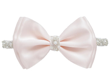 0-12 Newborn Baby Baptism Pearl Headband With Bow In White Christening Headband With Satin Bow, Pearl Rhinestone Band (Light Pin