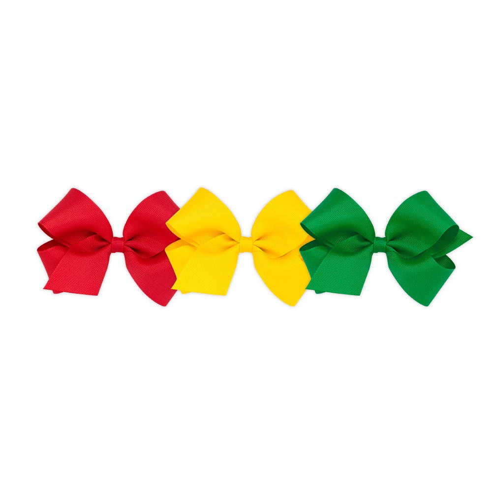 Wee Ones Girls' Medium Bow 3 Pc Set Solid Grosgrain Variety Pack On A Weestay No-Slip Hair Clip - Red, Yellow And Green