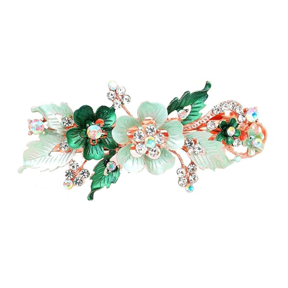 Juroicessry Green Flower Hair Clip With Rhinestone Butterfly, Small, Hair Securing And Decorative, Classic Style, For Women, Ele