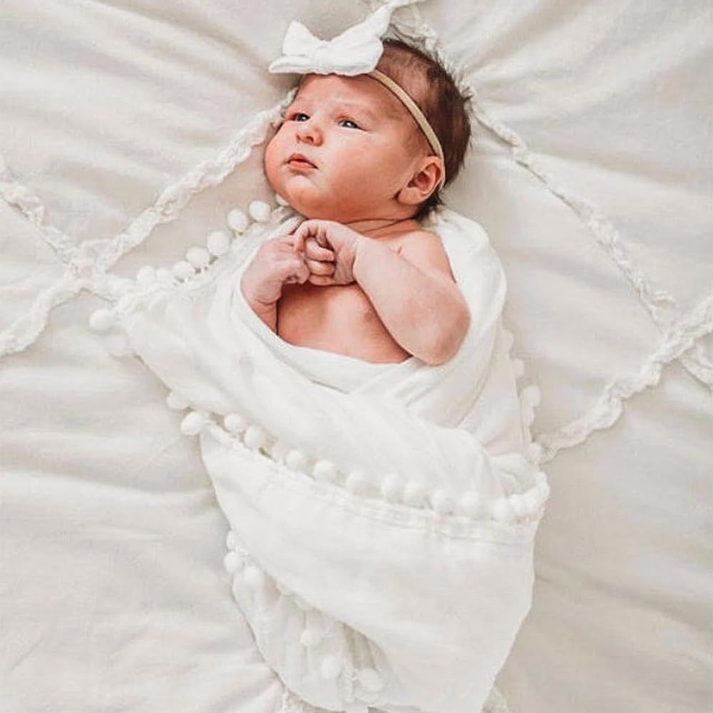 Elementary Super Soft Muslin Swaddle with Pom Pom for New Born (White)