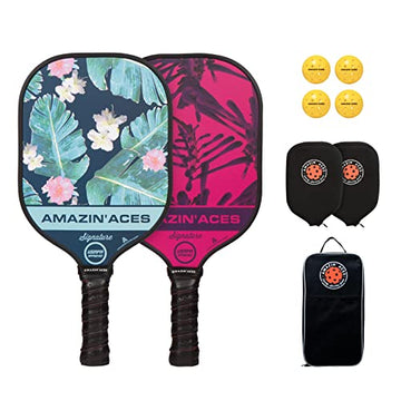 Amazin Aces Signature Pickleball Paddle Set - Usapa-Approved Pickleball Rackets, 4 Outdoor Pickleballs, 2 Paddle Covers,  1 Carr