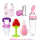 7In1 Baby Feeding & Teething Combo | Fruit Shape Silicone Teether, Food Feeder Pacifier, Finger Toothbrush With Case & Waterpr
