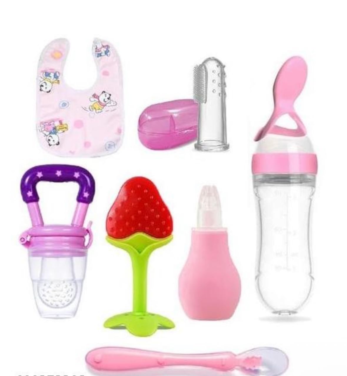 7In1 Baby Feeding & Teething Combo | Fruit Shape Silicone Teether, Food Feeder Pacifier, Finger Toothbrush With Case & Waterpr