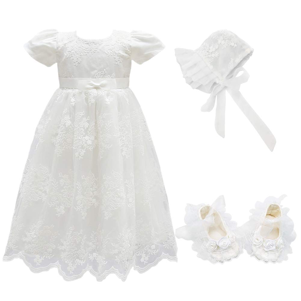 Glamulice Baby Girls Flower Christening Baptism Dress Formal Party Special Occasion Dresses For Toddler Light Ivory White 3-6 Ne