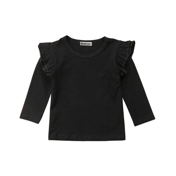 Mubineo Toddler Baby Girl Basic Plain Ruffle Sleeve Cotton T Shirts Tops Tee Clothes (Black(Long Sleeve), 4-5T)