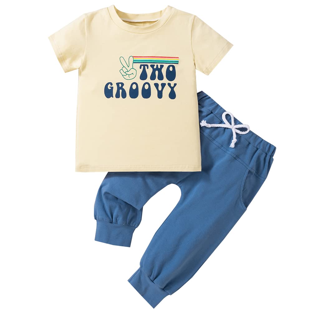 Pudcoco Toddler Baby Boys Birthday Outfit Two Groovy T-Shirt And Long Pants Set Summer 2 Years Old Birthday Clothes 2-3 Years