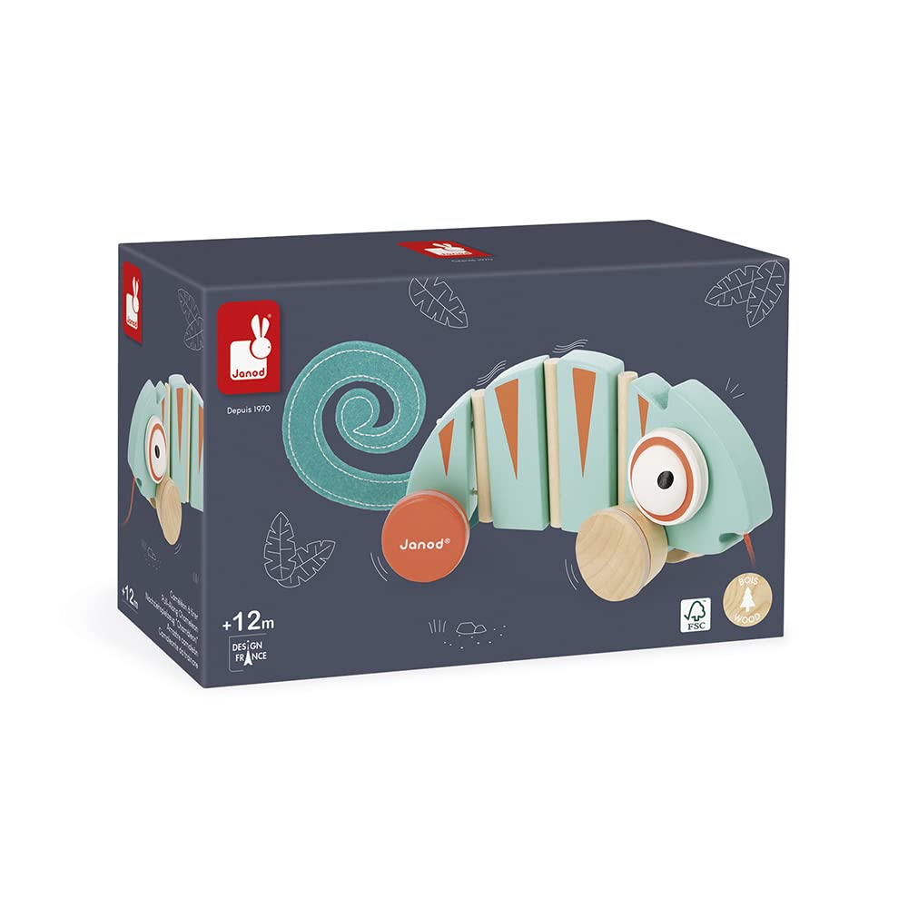 Janod - Tropik Pull-Along Chameleon - Wooden Early-Learning Toy - Silent Wheels - Educational Walking and Balancing Toy - Water-