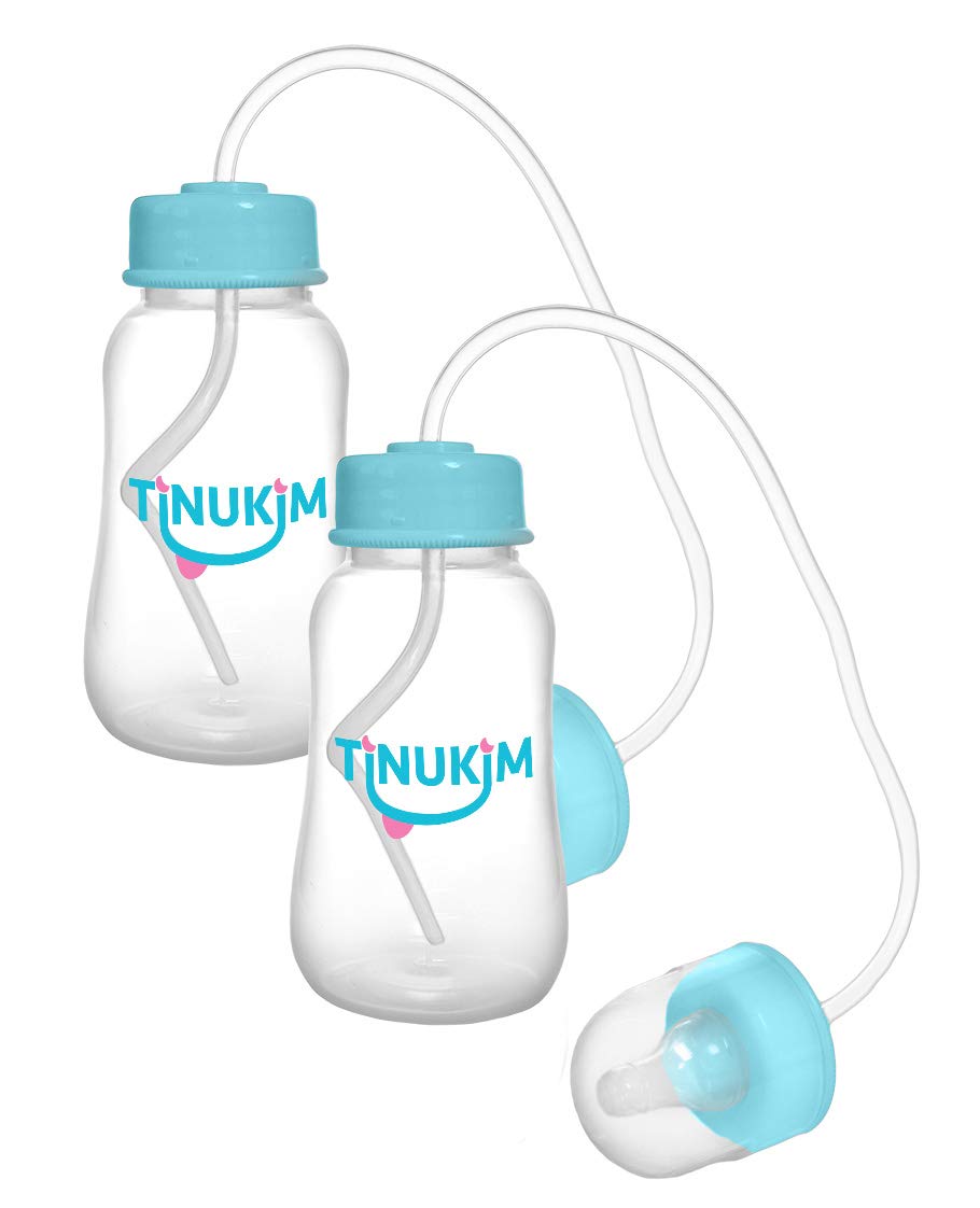Tinukim Ifeed 4 Ounce Self Feeding Baby Bottle With Tube - Handless Anti-Colic Nursing System, Blue - 2-Pack