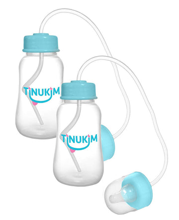 Tinukim Ifeed 4 Ounce Self Feeding Baby Bottle With Tube - Handless Anti-Colic Nursing System, Blue - 2-Pack