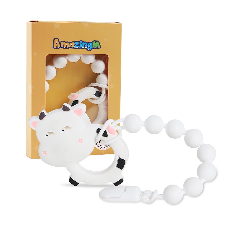 Baby Food Grade Silicone Teether Toy with Pacifier Clip Holder,Teething Toys Gift Set for 3 Months+ Boys and Girls,Freezer Safe,