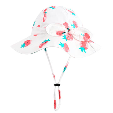 Baby Girl Sun Hat With Upf 50+ Outdoor Adjustable Beach Hat With Wide Brim Bucket Hats (0-6 Months, White-Strawberry Printing)