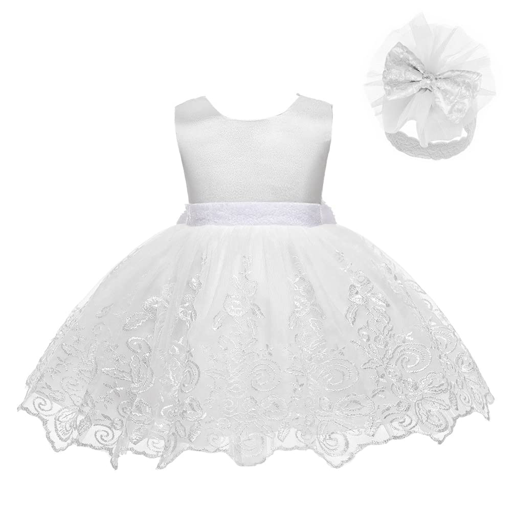 Lzh Baby Girls Lace Embroidery Dress Bowknot Party Dress Bridesmaid Wedding Gown With Headwear A-White