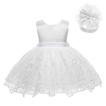 Lzh Baby Girls Lace Embroidery Dress Bowknot Party Dress Bridesmaid Wedding Gown With Headwear A-White