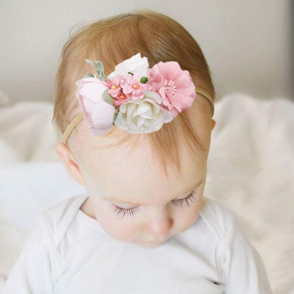 Oosaku Baby Girl Flower Headbands Set Elastic Floral Headbands 3Pcs Soft Nylon Hair Band For Newborn Toddler Hair Accessories