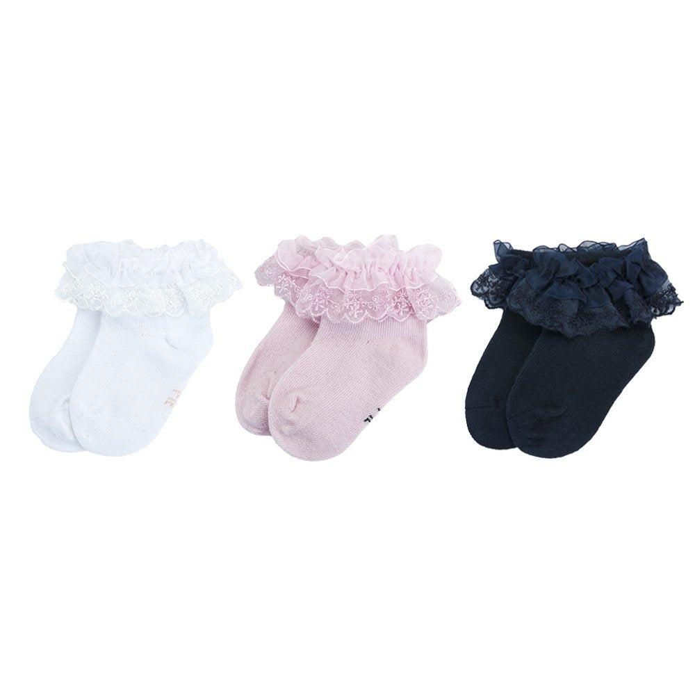 Estamico Baby Girls Frilly Lace Ruffle Socks 3 Pack, 6-12 Months
