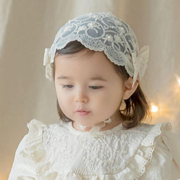 Asphinien Baby Girls Lacy Bow Headband Soft Breathable Lace Hairband for Toddlers Infant Baptism Christening Beanie Cap Wide Tur