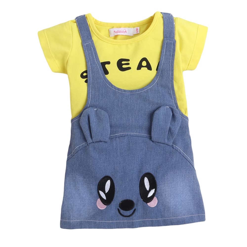 Hopscotch Cotton Girls Animal Applique Pinafore Dress With Text Print TShirt In Yellow Color For Ages 912 Months, Printed