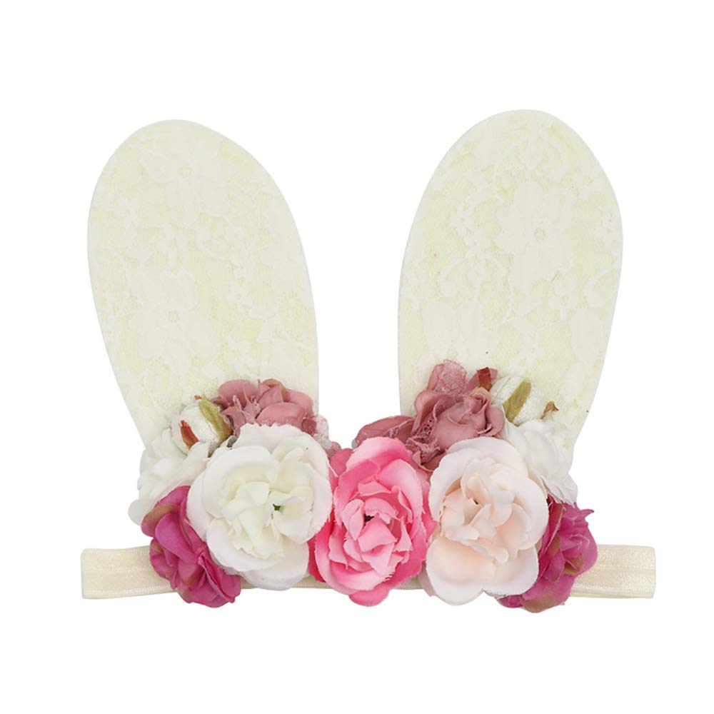 Girls Spring Baby Easter Bunny Ears Headband Birthday Flower Crown Woodland Floral Head Piece (Big Beige Rabbit Ears)