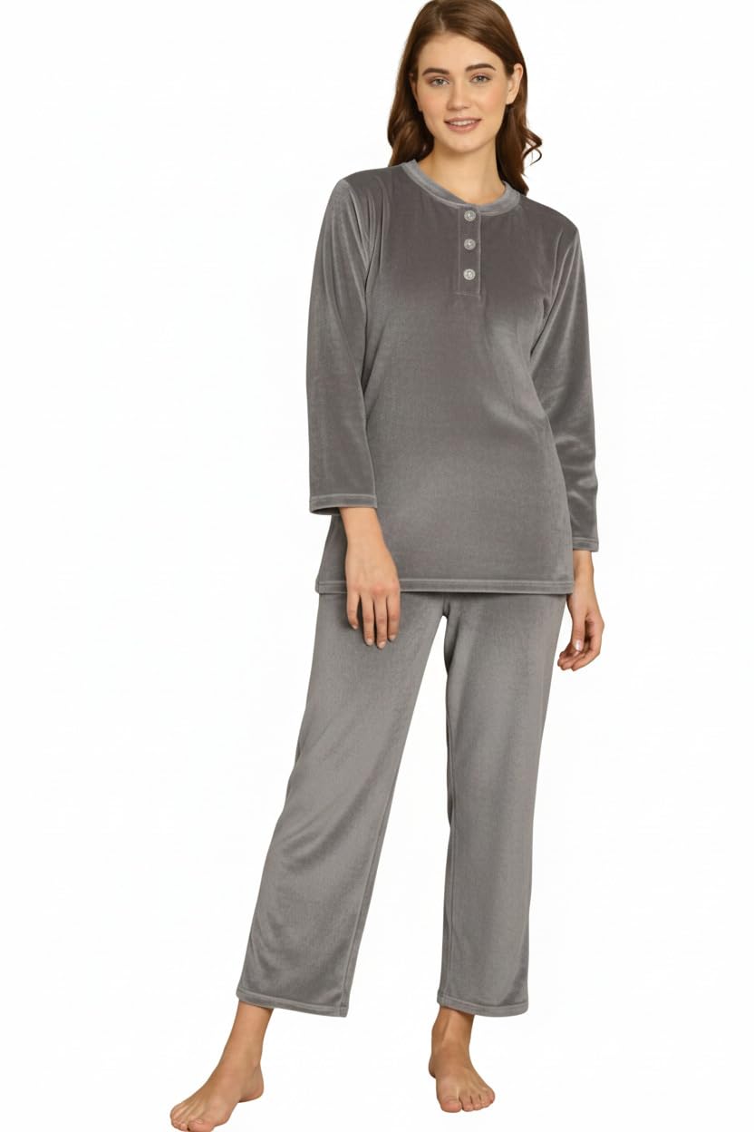 ORIEX THE ORIGINAL FASHION Mandarin Collar Long Sleeves Velvet Top & Pyjamas Winter Night Suits (Set of 2)163 GreyXL