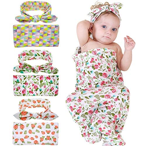 UBERSWEET Newborn Baby Wrap + Hair Band Set Baby Blanket Swaddling Infants Wrap Cotton Flower Toddlers Baby Sleeping : Light Gre