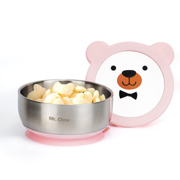 Mr. Chou Food-Grade Stainless Steel Baby Bowls With Leakproof Tempered Glass Lid, First Stage Baby Led Weaning Supplies For Boys