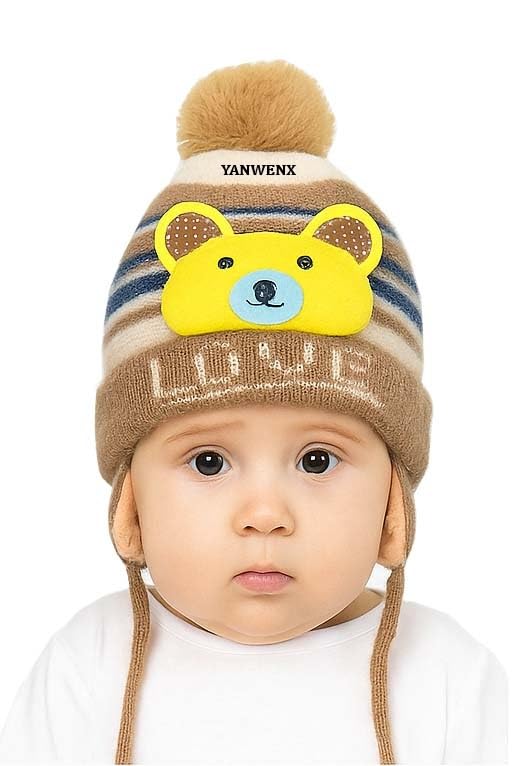 Yanwenx Kids Boys & Girls Winter Beanie With Earflaps | Warm Knit Cap With Cute Design For Toddlers & Children_Beige