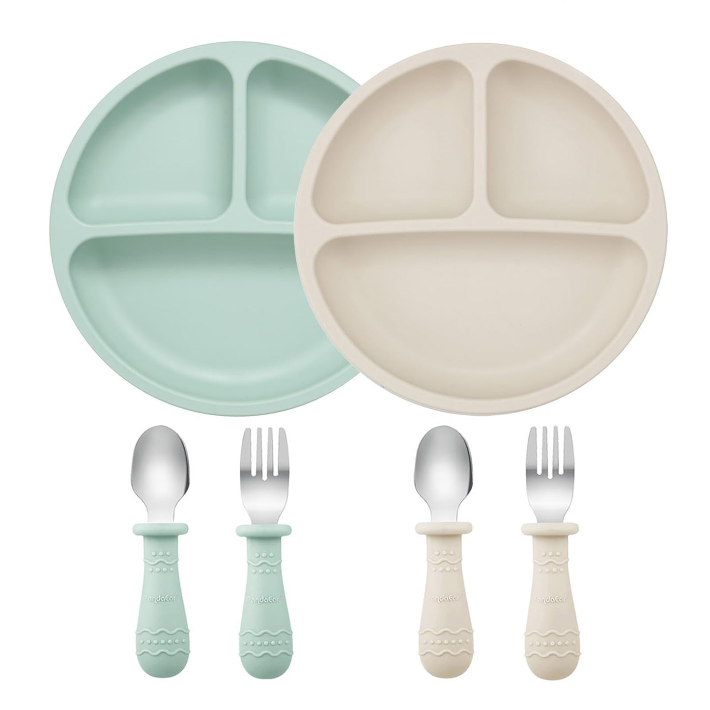 PandaEar Baby Feeding Set| 2 Pack Silicone Divided Suction Plate, 2 Set Toddler Spoons & Forks| Baby Led Weaning Supplies Self F