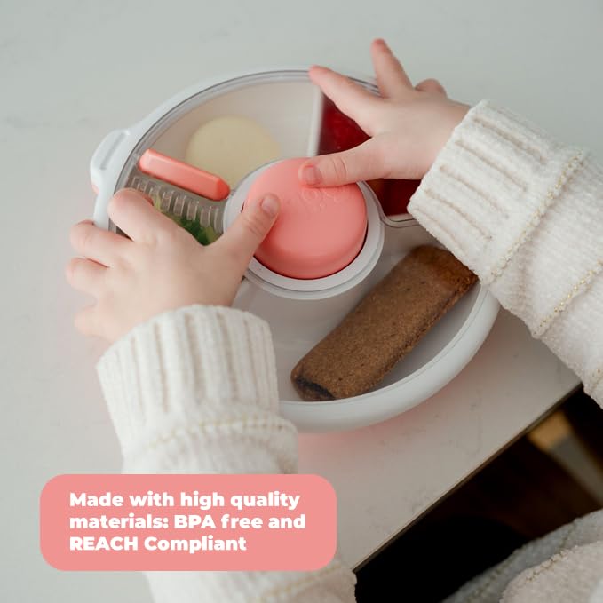 Gobe Kids Small Snack Spinner Slide Bundle With Hand Strap And Sticker Sheet - Reusable Snack Container With 5 Compartment Dispe