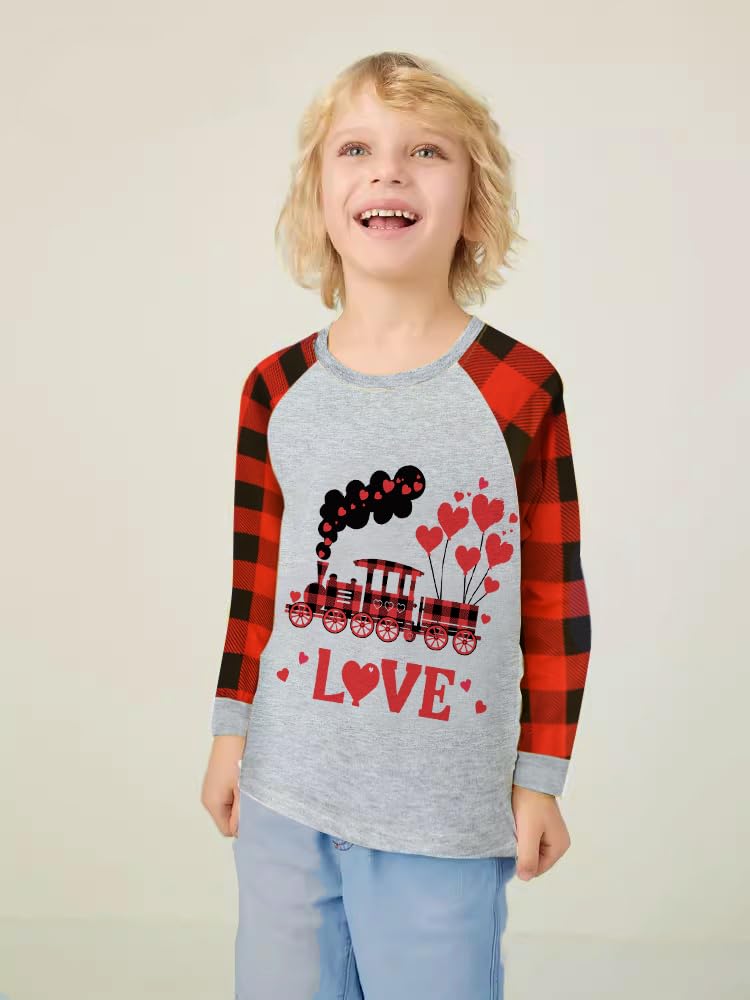 Valentine'S Day Kids Raglan Long Sleeve Shirt Train Buffalo Red Plaid Shirt Boys T-Shirts 2T