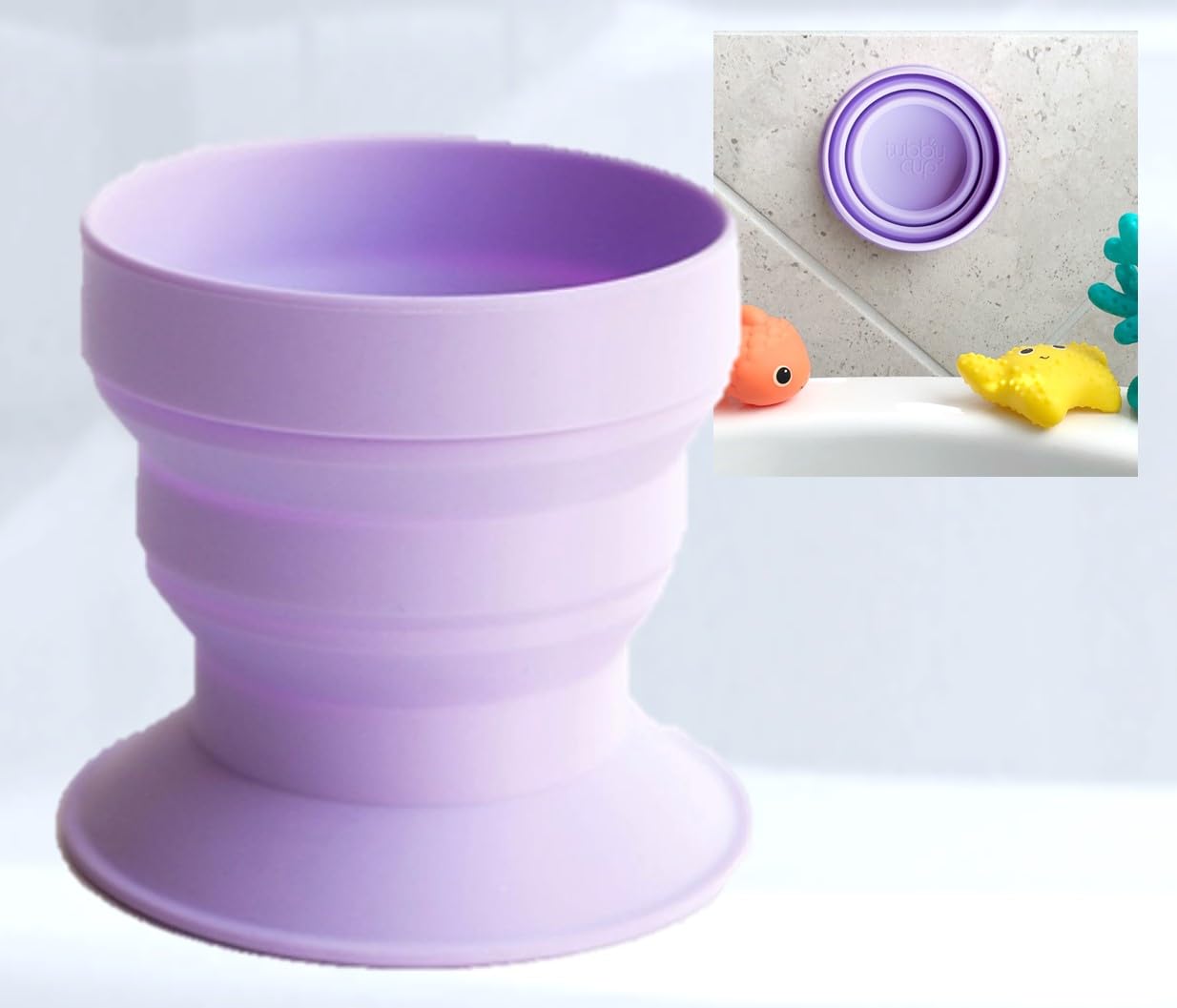 Tubbycup Baby Bath Rinse Cup, Collapsible & Convenient Space Saving Bath Cup With Suction Base, Sticks To Tub Or Tile. Soft, Fle