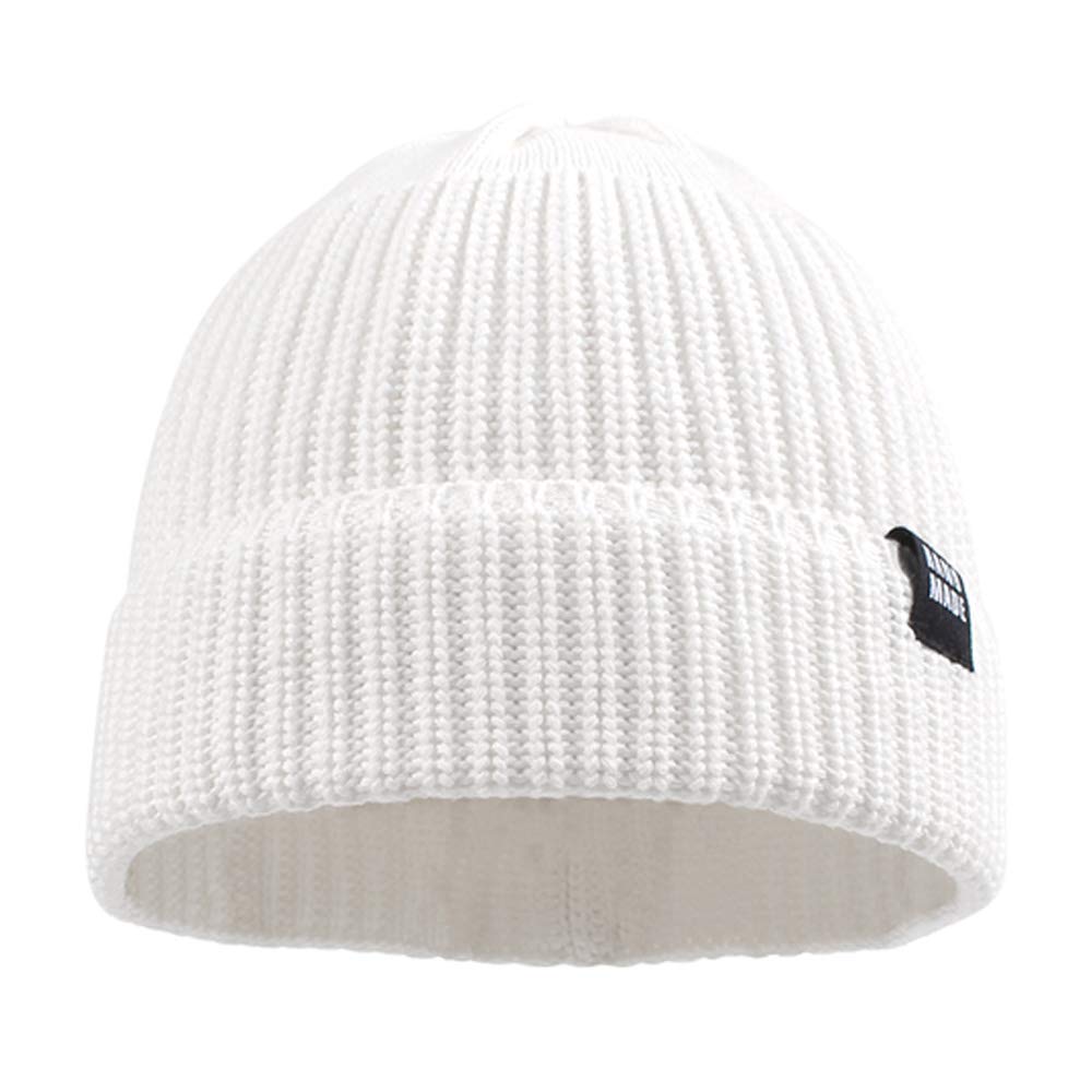 Simple Knitted Baby Beanie Hip-Hop Boys Winter Hat Toddler Kids Bonnet For Girls 0-5Y (White+Beige,L)