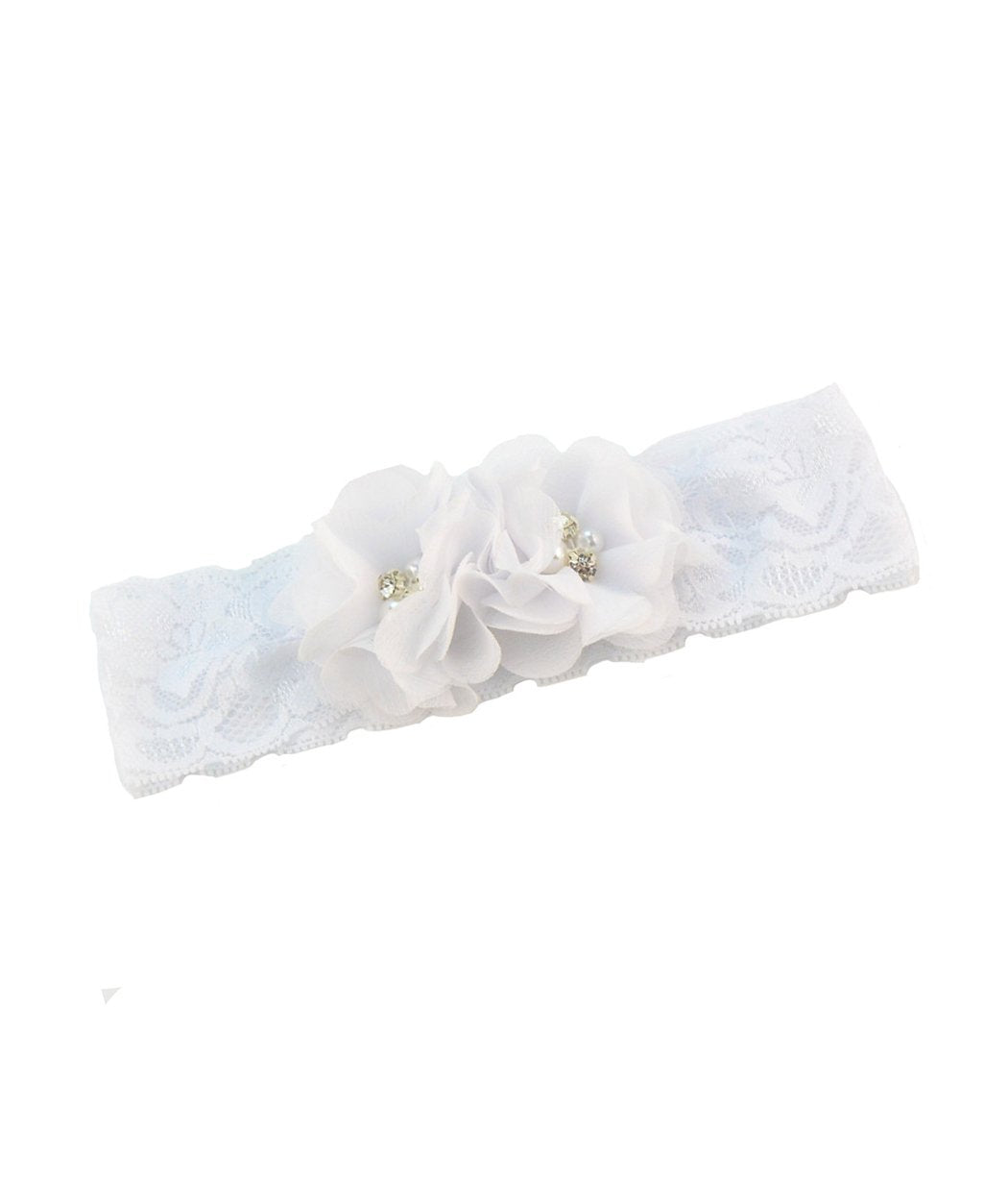 Baby Girls Lace Headband With Double Chiffon Flowers Pearl Hairband Headwrap Ja68 (White)