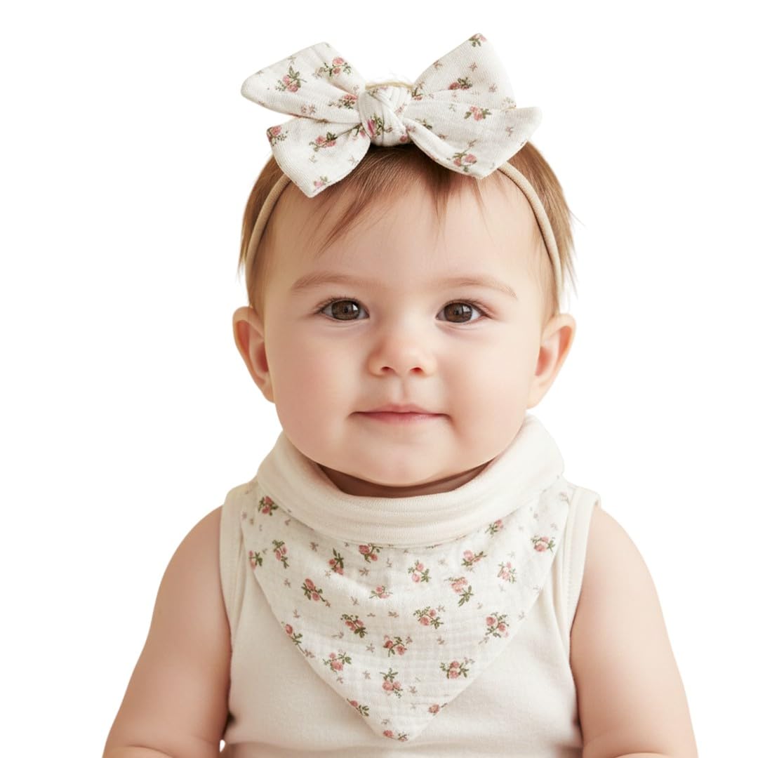 Polka Tots Cotton Floral Print Bow Headband With Reversible Bandana Bib Set  White