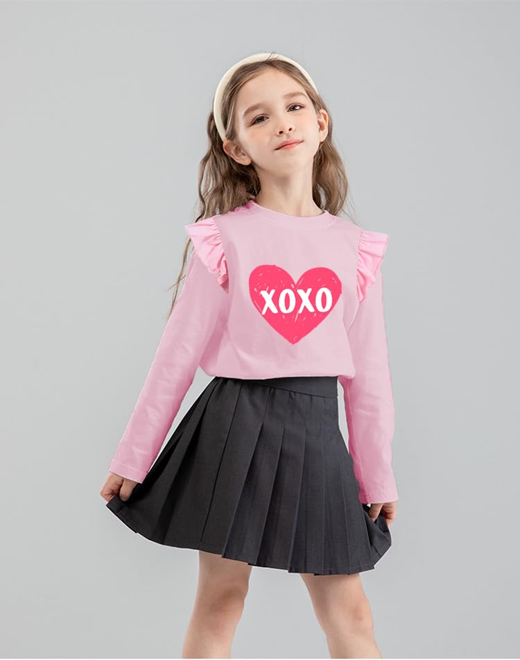 Girls Pink Hearts Ruffled Shirt Valentines Day T-Shirts Little Girl Cute Cotton Tee Toddler Kids T-Shirt 3T